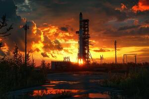 A rocket is on a launch pad at sunset photo