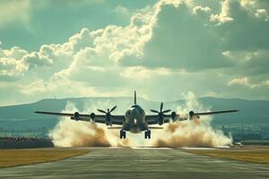 A large jet is taking off from an airport runway photo