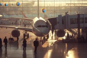 A white airplane is parked on the tarmac with people walking around it photo