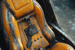 A car seat is shown in a very dirty and worn condition photo