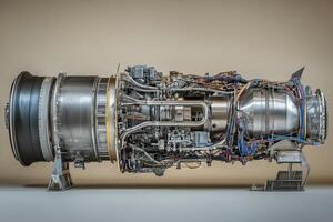 A large engine is shown in its entirety, with many parts visible photo