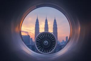 A view of a city from an airplane window with a large jet engine in the center photo