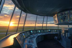 The cockpit of a plane is lit up with a sunset in the background photo