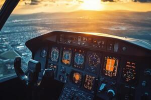 The cockpit of a small plane is lit up by the sun photo