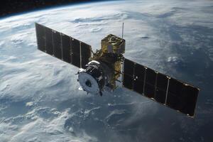 A satellite is flying in the sky above the Earth photo
