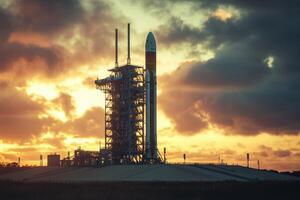 A rocket is sitting on a launch pad with the sun setting in the background photo
