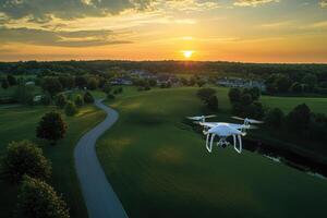 A white drone is flying over a grassy field with a sunset in the background photo