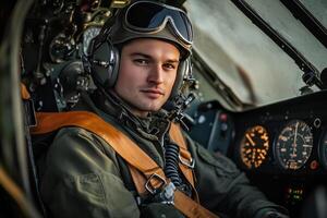 A man in a military uniform sits in the cockpit of a plane photo
