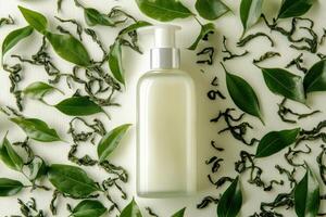 A bottle of lotion is placed on top of a pile of green leaves photo