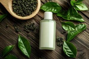 A bottle of lotion sits on a wooden table next to some green leaves photo