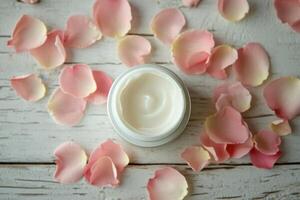 A jar of cream is sitting on a table next to a pile of pink petals photo