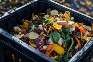 A black container filled with food waste, including vegetables and carrots photo