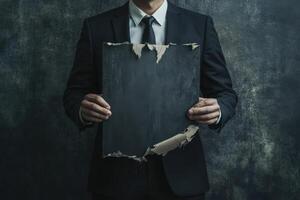 A man in a suit holding a torn piece of paper photo