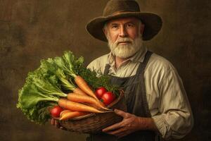 A man is holding a basket of vegetables, including carrots and tomatoes photo