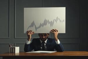 A man is holding a piece of paper with a graph on it and is wearing a suit photo