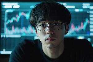 A man with glasses and a nose piercing is staring at a computer screen photo
