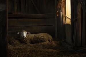 A sheep is laying in a hay bed in a barn photo