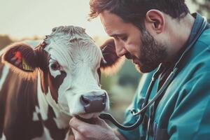 A man is examining a cow with a stethoscope photo