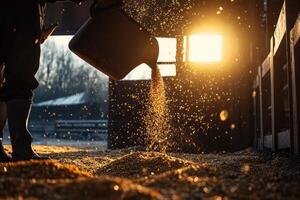 A person is pouring grain into a bucket photo