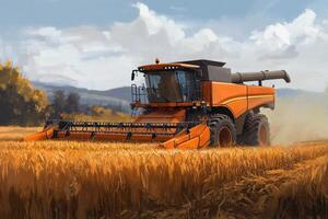 A large orange combine harvester is driving through a field of golden wheat photo