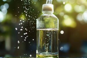 A bottle of liquid is being poured into a glass photo
