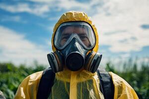 A man in a yellow suit with a gas mask on his face photo