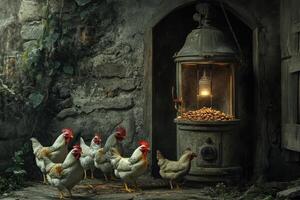 A group of chickens are gathered around a small stove photo
