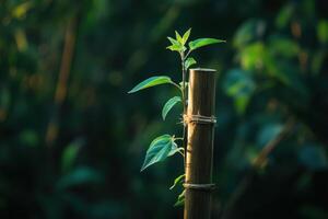 A small green leaf is growing on a wooden pole photo