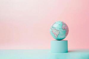 globe on a stand on a light pink background photo
