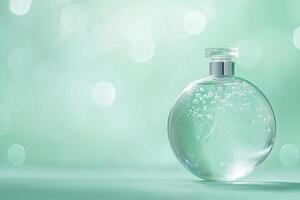 spherical transparent bottle on a soft green background minimalistic photo