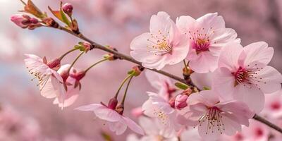 A mesmerizing view of pink sakura blossoms glowing in sunlight with a soft blur effect, evoking a peaceful and elegant springtime feel. photo