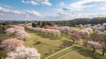 A panoramic drone shot of a cherry blossom park in full bloom, with winding paths weaving through a vibrant pink landscape. For travel guides, nature documentaries, relaxation content photo