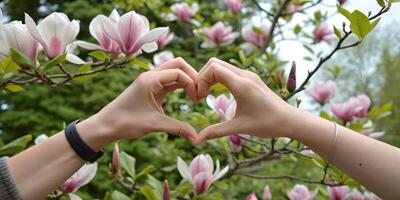 A heartfelt moment as hands form a love symbol with magnolia trees in full bloom behind, representing warmth, affection, and serenity. For wellness articles, mindfulness content, social media. photo