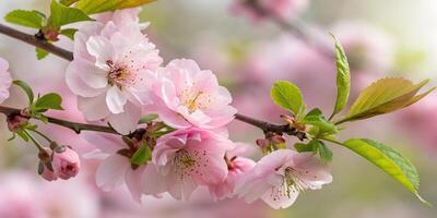A beautiful photograph of cherry blossom tree branches covered in delicate pink flowers, symbolizing the arrival of spring. Ideal for seasonal and nature designs. photo