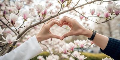 Two hands create a heart shape in front of blooming magnolia trees, symbolizing love, beauty, and the arrival of spring. Perfect for romantic content, greeting cards, seasonal promotions. photo