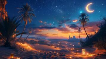 A desert scene with palm trees and a crescent moon photo