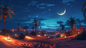 A desert scene with palm trees and a crescent moon photo