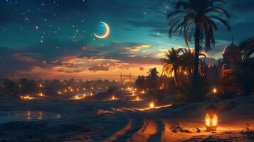 A desert scene with palm trees and lanterns photo