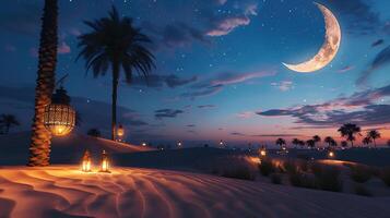A desert scene with palm trees and a crescent moon photo