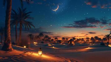 A desert scene with palm trees and a crescent moon photo