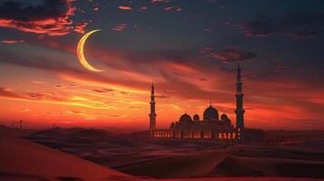 A sunset with a crescent in the sky and a mosque in the desert photo