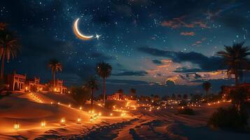 A desert scene with palm trees and a crescent moon photo