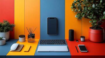 A colorful desk with a laptop, phone, and other items photo