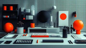 A desk with various objects on it photo