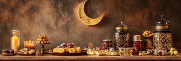 A table with various types of food and candles photo