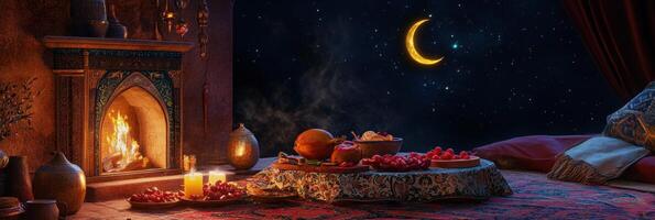 A room with a fire and candles on the table photo