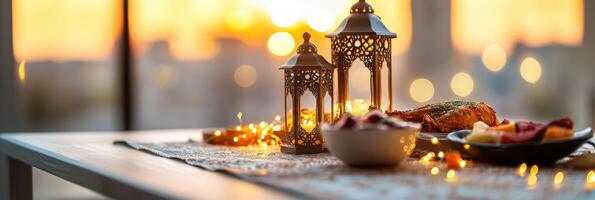 A table with candles and food on it photo