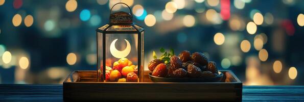 Ramadan kabab with a lantern and dates on a wooden table photo