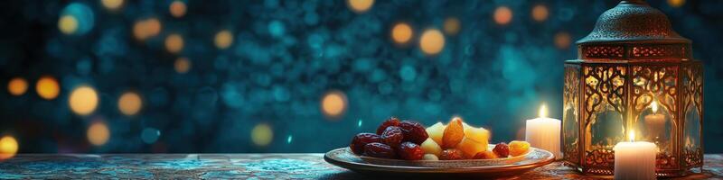 Ramadan lanterns and dates on a table with candles photo