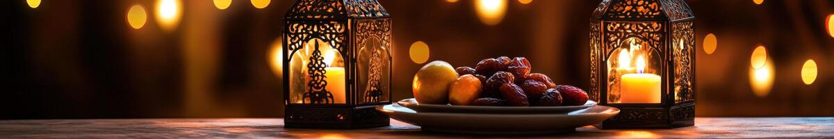 Candles and dates in a bowl on a table photo